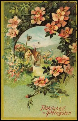 Ansichtskarte  Pfingsten Pentecost Blumen Wassermühle 1912 Prägekarte