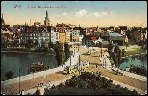 Ansichtskarte Kiel Brücke über den kleinen Kiel. Straßenbahn 1914