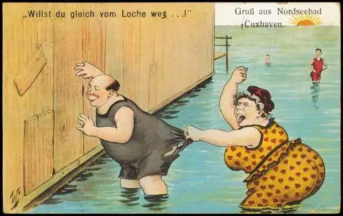 Ansichtskarte Cuxhaven Scherzkarte Willst du gleich vom Loche weg 1912