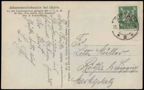 Ansichtskarte Hain-Oybin Johannissteinbauden Oberlausitz 1927