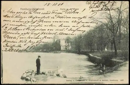 Ansichtskarte Uhlenhorst-Hamburg Partie an der Alster Mann Schwan 1901