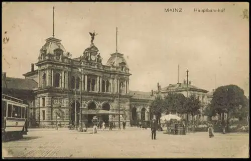 Ansichtskarte Mainz Bahnhof Straßenbahn 1918