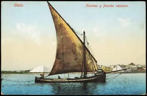 Postale Cadiz Salinas y falucho salinero. 1914