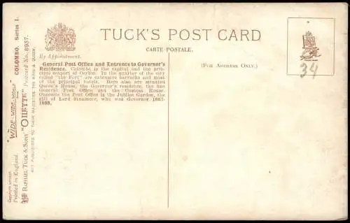 Postcard Colombo General Post Office Entrance Governor's 1912  Ceylon Sri Lanka