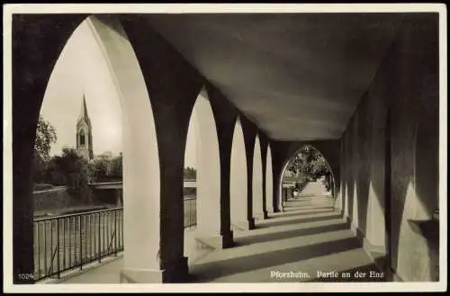 Ansichtskarte Pforzheim Partie an der Enz Laubengang 1937