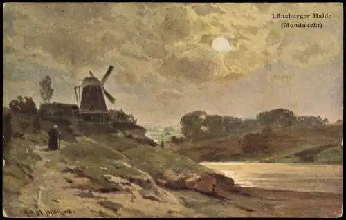 .Niedersachsen Windmühlen Windmill Lüneburger Heide Mondnacht 1913