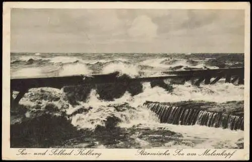 Postcard Kolberg Kołobrzeg Stürmische See am Molenkopf 1934  Pommern