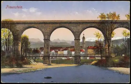 Ansichtskarte Traunstein Blick durch das Viadukt auf die Stadt 1914