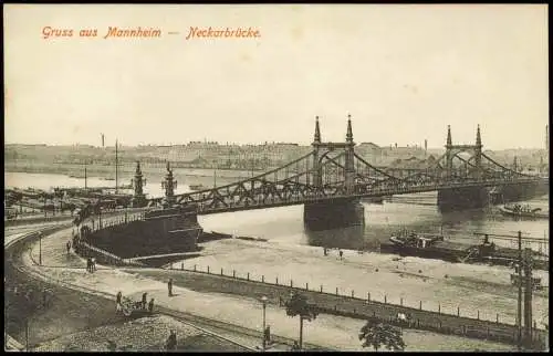 Ansichtskarte Mannheim Neckarbrücke und Stadt 1913