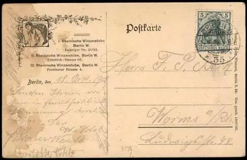 Ansichtskarte Mitte-Berlin Rheinische Winzerstube Wangemälde Rheinfels 1908