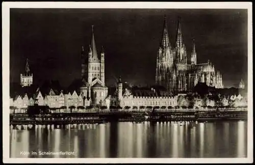 Ansichtskarte Köln Rhein-Partie Stadt-Panorama im Scheinwerferlicht 1955