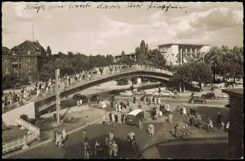 Ansichtskarte Düsseldorf Aluminium-Brücke und Europa-Halle 1956