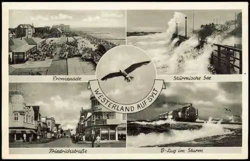 Westerland-Sylt Mehrbildkarte mit Promenade, Stürmische See, D-Zug im Sturm 1955