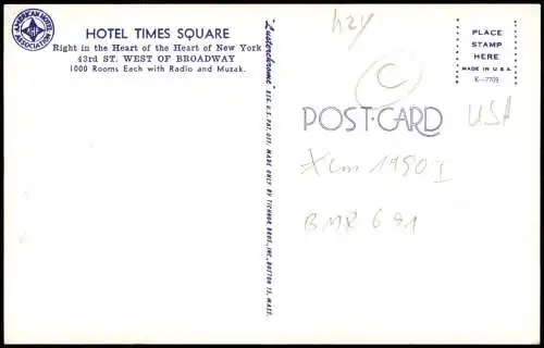 Postcard New York City HOTEL TIMES SQUARE 43rd ST. WEST OF BROADWAY 1950