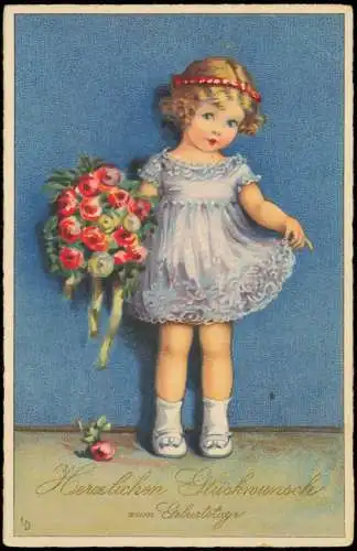 Ansichtskarte  Geburtstag Birthday Mädchen im Kleid mit Rosenstrauss 1940