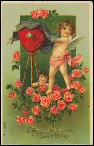 Ansichtskarte  Geburtstag Birthday Engel Angel vor Herz Kamera 1909