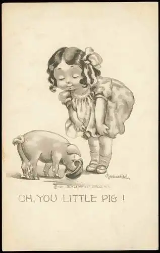 Kinder Künstlerkarte OH, YOU LITTLE PIG ! Mädchen Schwein 1911