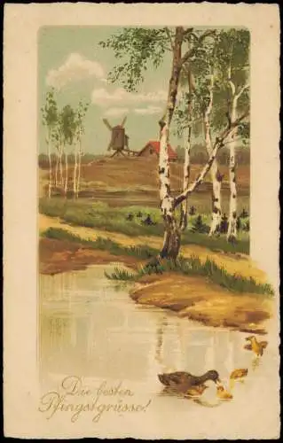 Ansichtskarte  Pfingsten Pentecost Landschaft Birken Windmühle 1928