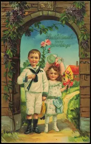 Ansichtskarte  Geburtstag Birthday Junge und Mädchen am Tor 1910