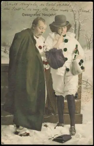 Ansichtskarte  Neujahr Sylvester New Year Frau und Mann als Clown 1913