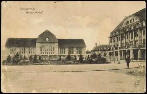 Ansichtskarte Darmstadt Bahnhof Hauptbahnhof 1916   1. Weltkrieg Feldpost