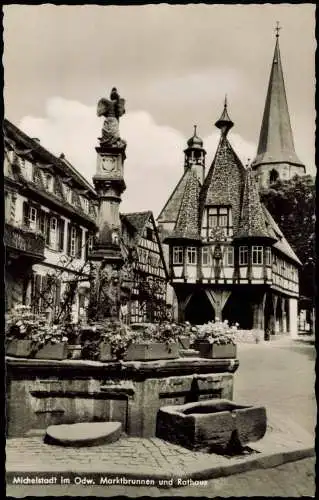 Ansichtskarte Michelstadt Ortsansicht Marktbrunnen und Rathaus 1955