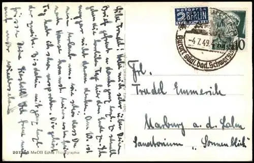 Ansichtskarte Badenweiler Partie Bergmannsruhe 1949     10 Pf. BADEN Briefmarke