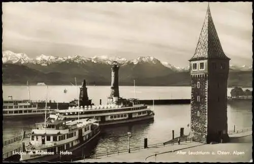 Lindau (Bodensee) Panorama-Ansicht mit Hafen und Bodensee Schiffe 1950