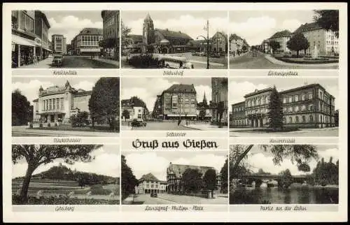 Gießen Mehrbild-AK u.a. mit Kreuzplatz Bahnhof Ludwigsplatz Stadttheater 1950