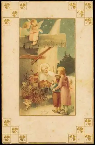 Neujahr Weihnachten X-Mas Kinder an der Grippe 1911 Goldprägung