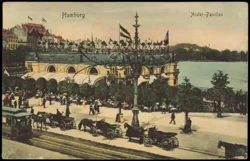 Ansichtskarte Hamburg Alsterpavillon Kutschen Straßenbahn 1911