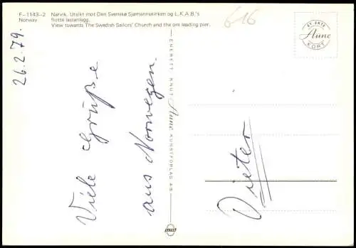 Postcard Narvik Ortsansicht, Utsikt mot Den Svenske Sjømannskirken 1979