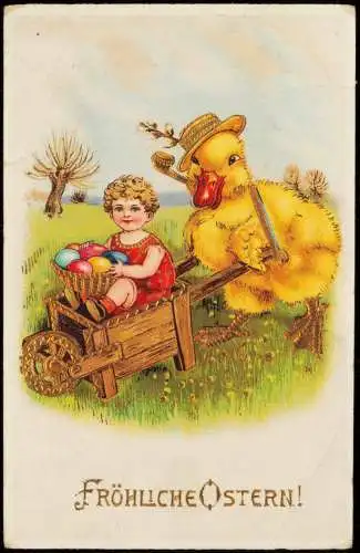 Ansichtskarte  Ostern Easter freche Ente Kind in Schubkarre 1933 Gold