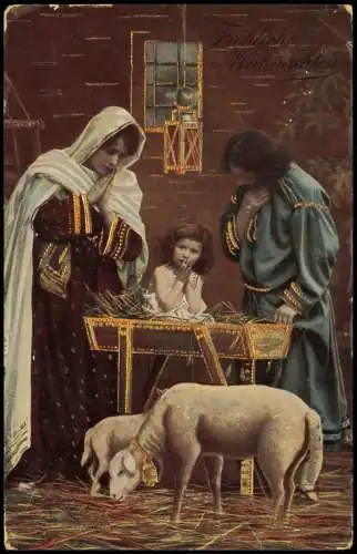 Ansichtskarte  Weihnachten Christmas Maria Josef Jesus Lämmer 1911 Gold