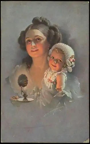 Ansichtskarte  Kinder Künstlerkarte Frau mit Kind lieblich mit Kerze 1914