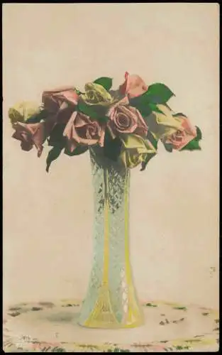 Ansichtskarte  Künstlerkarte Glasvase mit Rosen Fotokunst Color 1925