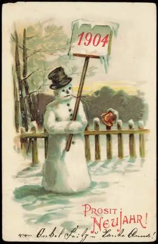 Ansichtskarte  Neujahr Sylvester New Year Schneemann und Schild 1903