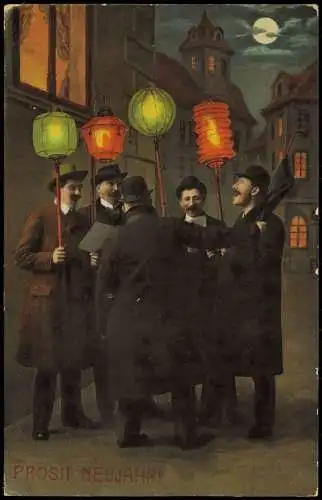 Ansichtskarte  Neujahr Sylvester New Year Sänger mit Lampion 1911