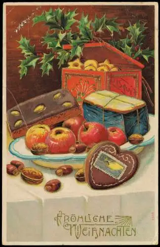 Ansichtskarte  Weihnachten Christmas Gabentisch Mistel Pfefferkuchen 1911 Gold