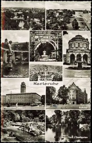 Karlsruhe Mehrbild Oberpostdirektion Festplatz Klosebrunnen Tiergarten 1960