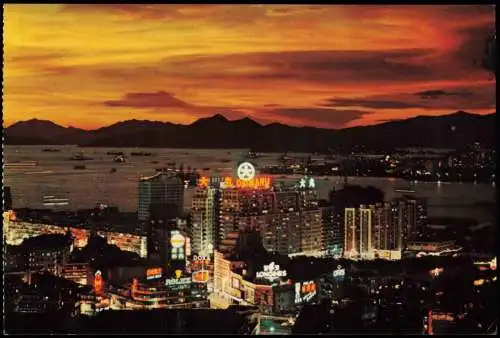 Postcard Hongkong Panorama-Ansicht Causeway Bay by night Hong 1980