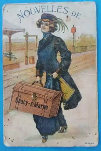 CPA Saâcy-sur-Marne Rucksackleporello Frau 1914 Leporello