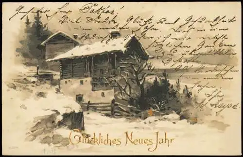 Ansichtskarte  Neujahr Sylvester New Year Landschaft Goldschrift 1902 Gold