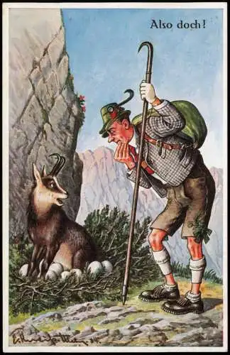 Ansichtskarte  Scherzkarte Bock sitzt auf Eiern Wanderer Also doch! 1928