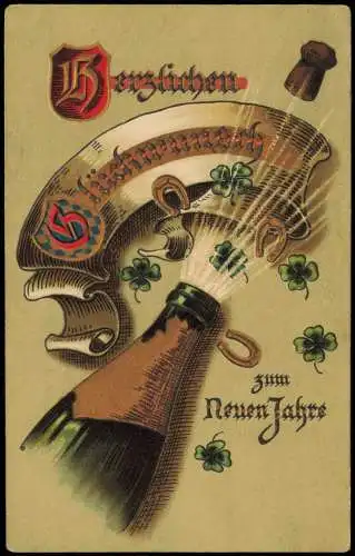 Neujahr Sylvester New Year Champanger knallt Kleeblatt 1917 Goldprägung