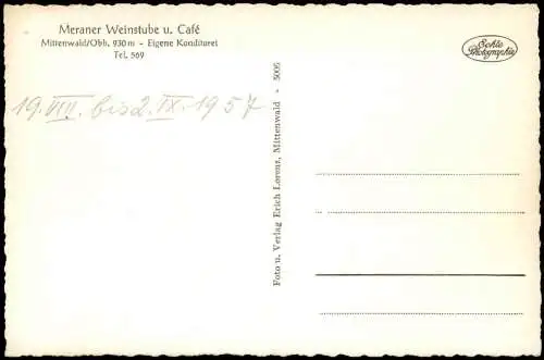 Mittenwald Meraner Weinstube, Konditorei u. Café (Innenansicht) 1957