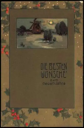 Neujahr Sylvester New Year Mistel Mondnacht Windmühle 1908 Prägekarte