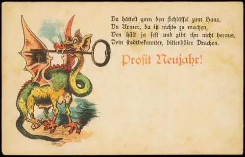 Ansichtskarte  Neujahr Sylvester New Year Drache Dragon mit Schlüssel 1908