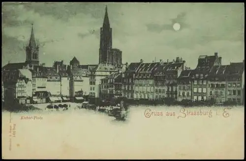 Straßburg Strasbourg Stadtteilansicht bei Mondschein, Kleber-Platz 1900 Luna