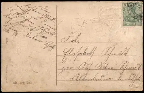 Geburtstag Birthday Mädchen in Schubkarre von Jungen geschoben 1916 Gold